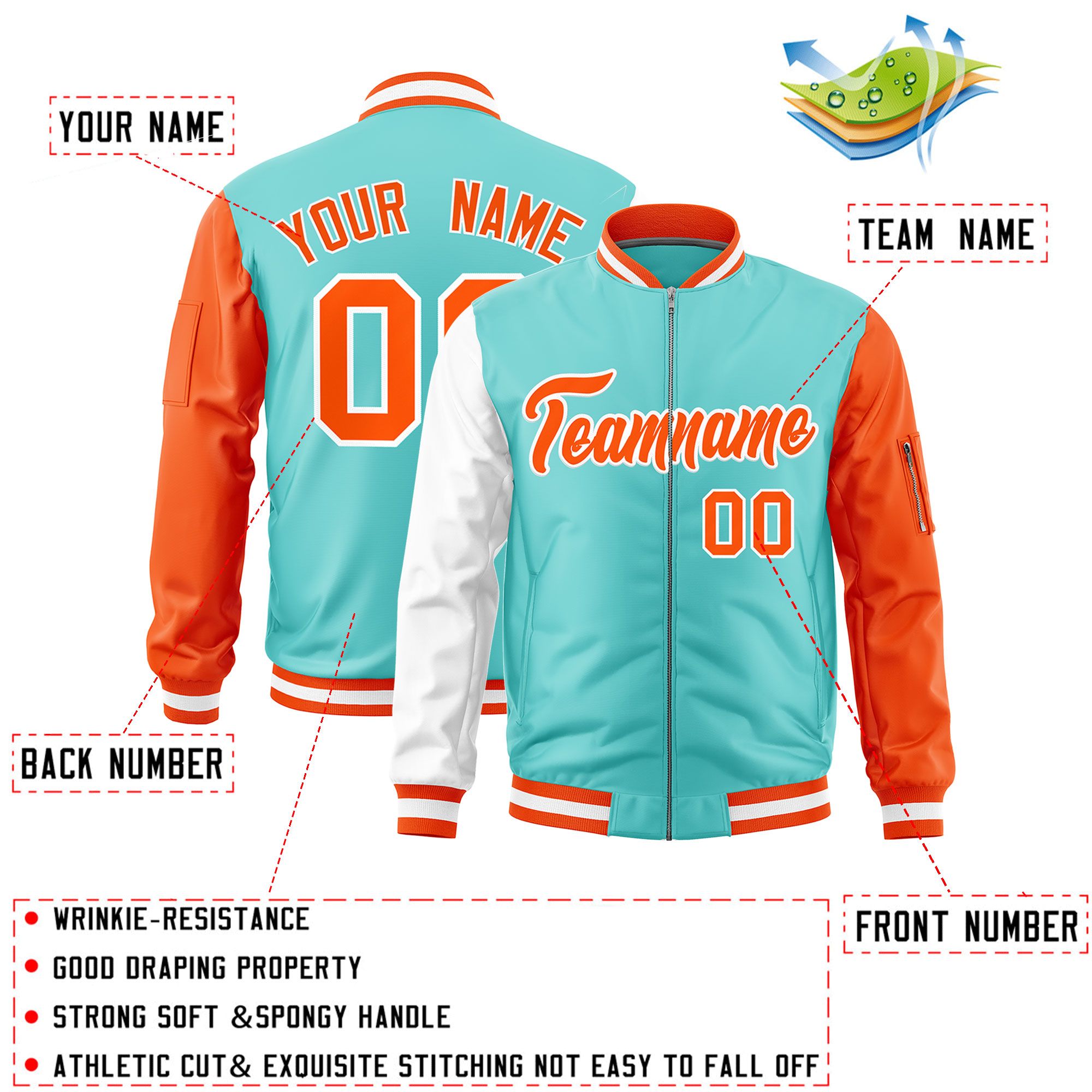 Custom Bright Green White Orange Varsity Full-Zip Raglan Sleeves Letterman Bomber Jacket