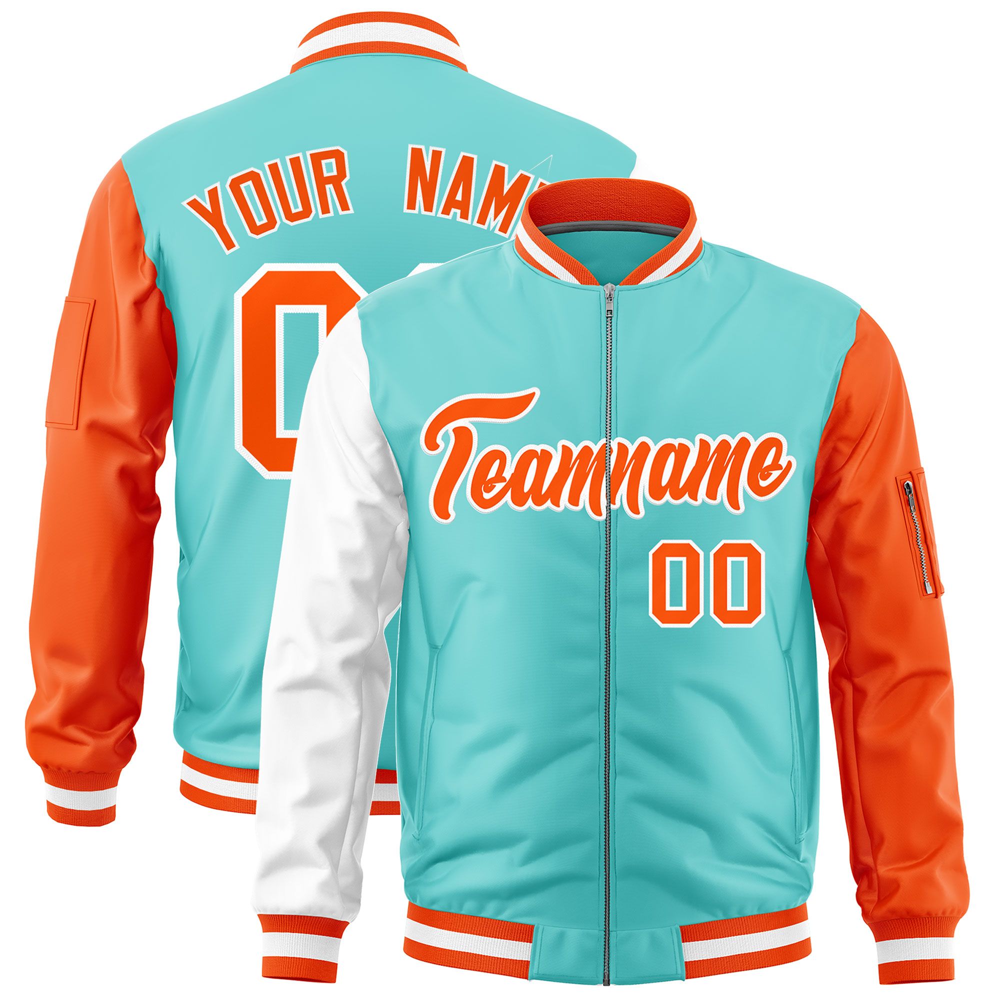 Custom Bright Green White Orange Varsity Full-Zip Raglan Sleeves Letterman Bomber Jacket