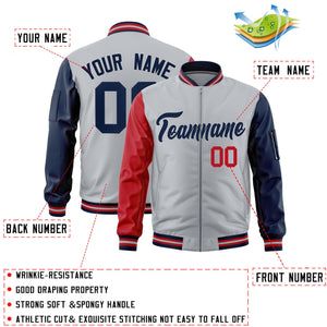 Custom Silver Red Navy Varsity Full-Zip Raglan Sleeves Letterman Bomber Jacket