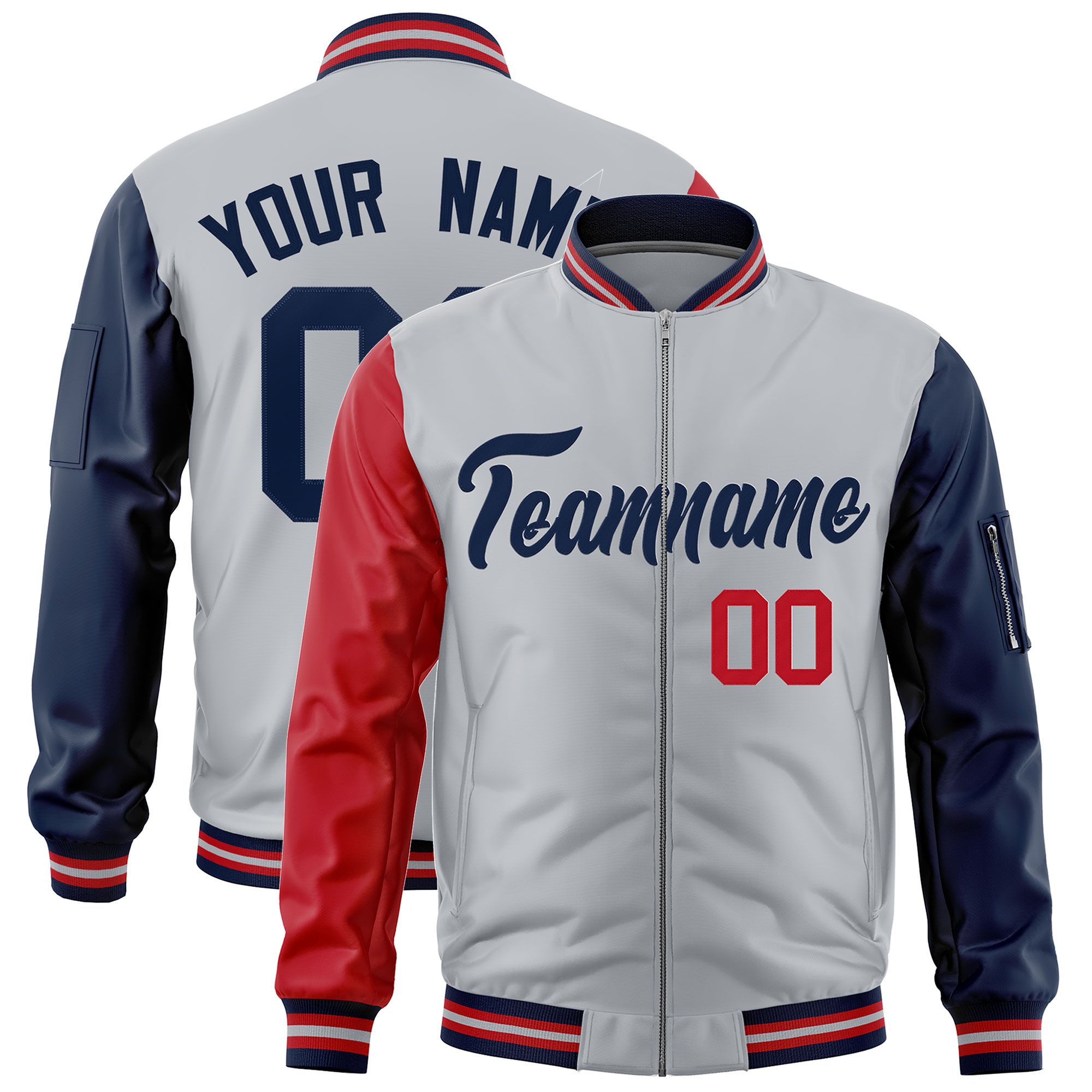 Custom Silver Red Navy Varsity Full-Zip Raglan Sleeves Letterman Bomber Jacket