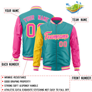 Custom Aqua Gold Pink Varsity Full-Zip Raglan Sleeves Letterman Bomber Jacket