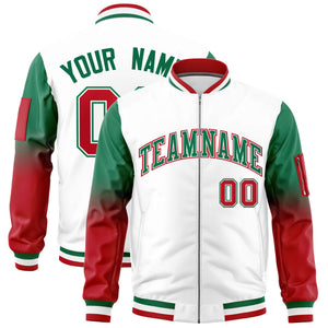 Custom White Kelly Green-Red Gaglan Sleeve Gradient Varsity Full-Zip Letterman Bomber Jacket