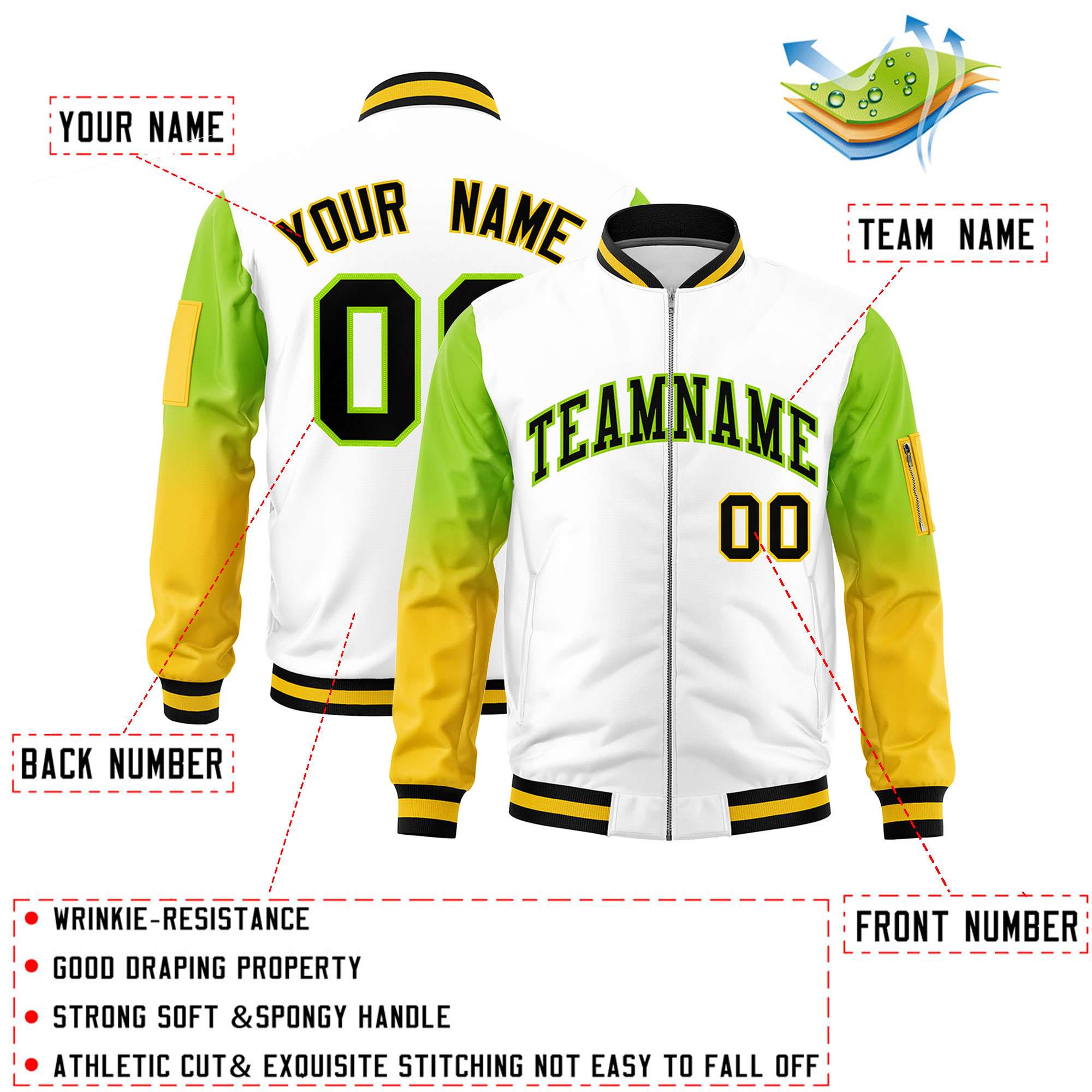 Custom White Neon Green-Gold Gaglan Sleeve Gradient Varsity Full-Zip Letterman Bomber Jacket