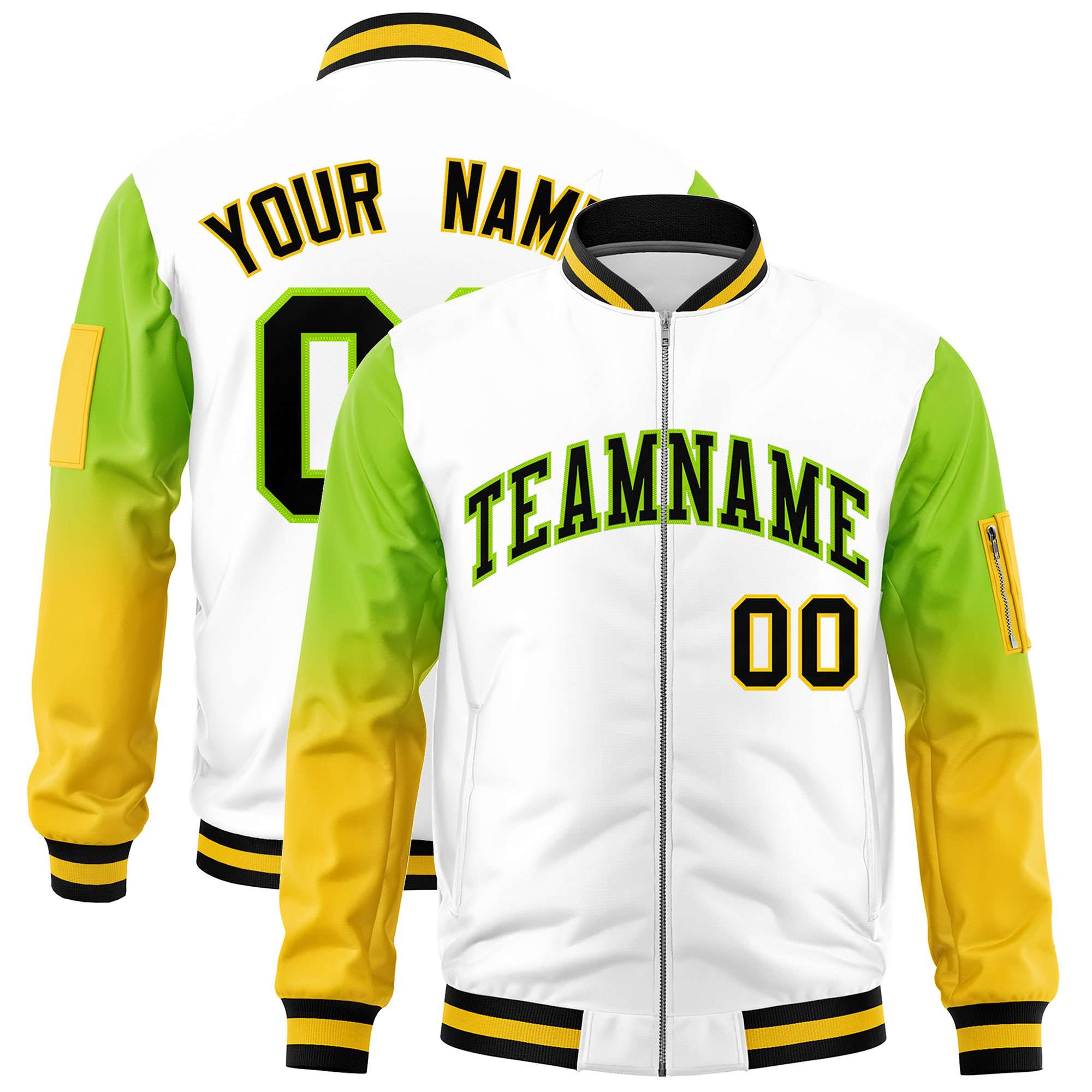 Custom White Neon Green-Gold Gaglan Sleeve Gradient Varsity Full-Zip Letterman Bomber Jacket