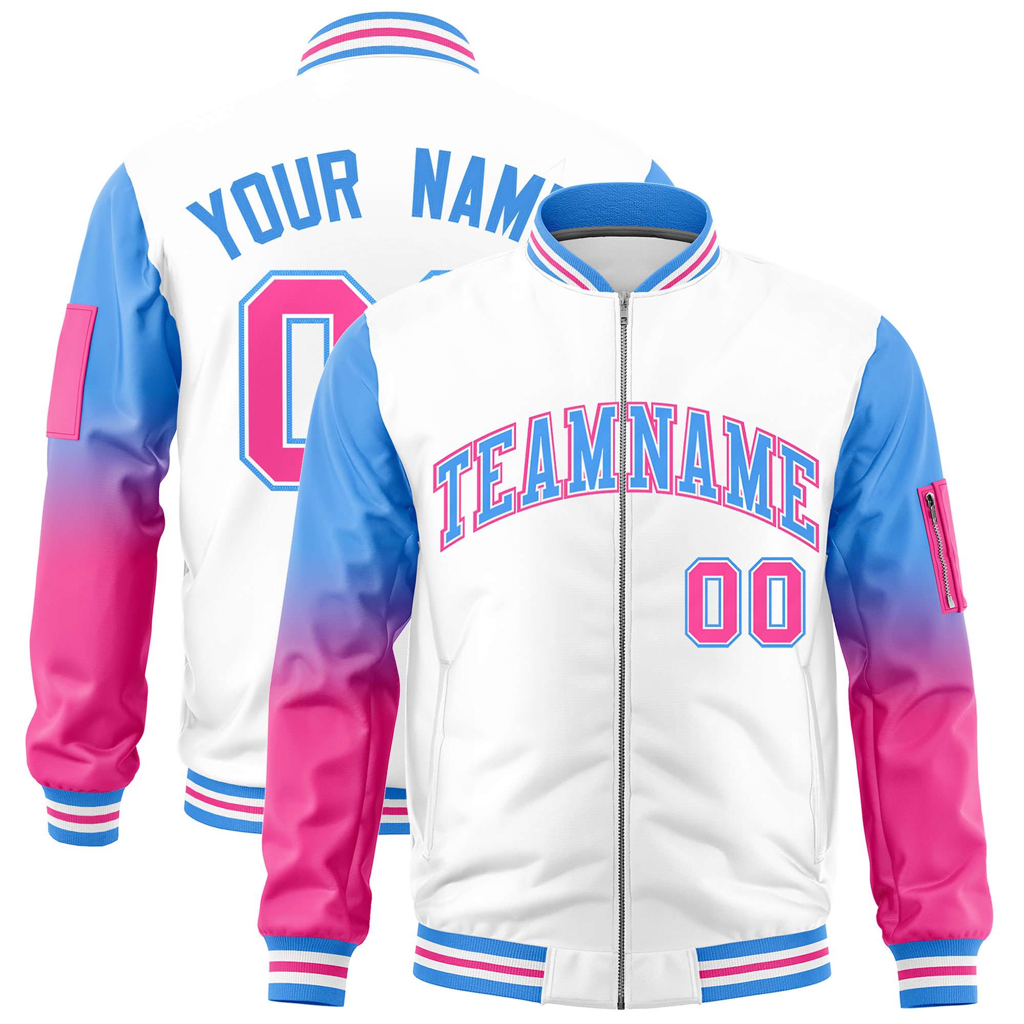 Custom White Powder Blue-Pink Gaglan Sleeve Gradient Varsity Full-Zip Letterman Bomber Jacket