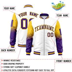 Custom White Gold-Purple Gaglan Sleeve Gradient Varsity Full-Zip Letterman Bomber Jacket