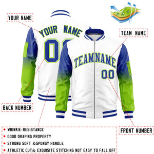 Custom White Royal-Neon Green Gaglan Sleeve Gradient Varsity Full-Zip Letterman Bomber Jacket