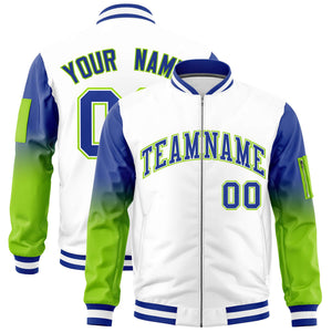 Custom White Royal-Neon Green Gaglan Sleeve Gradient Varsity Full-Zip Letterman Bomber Jacket