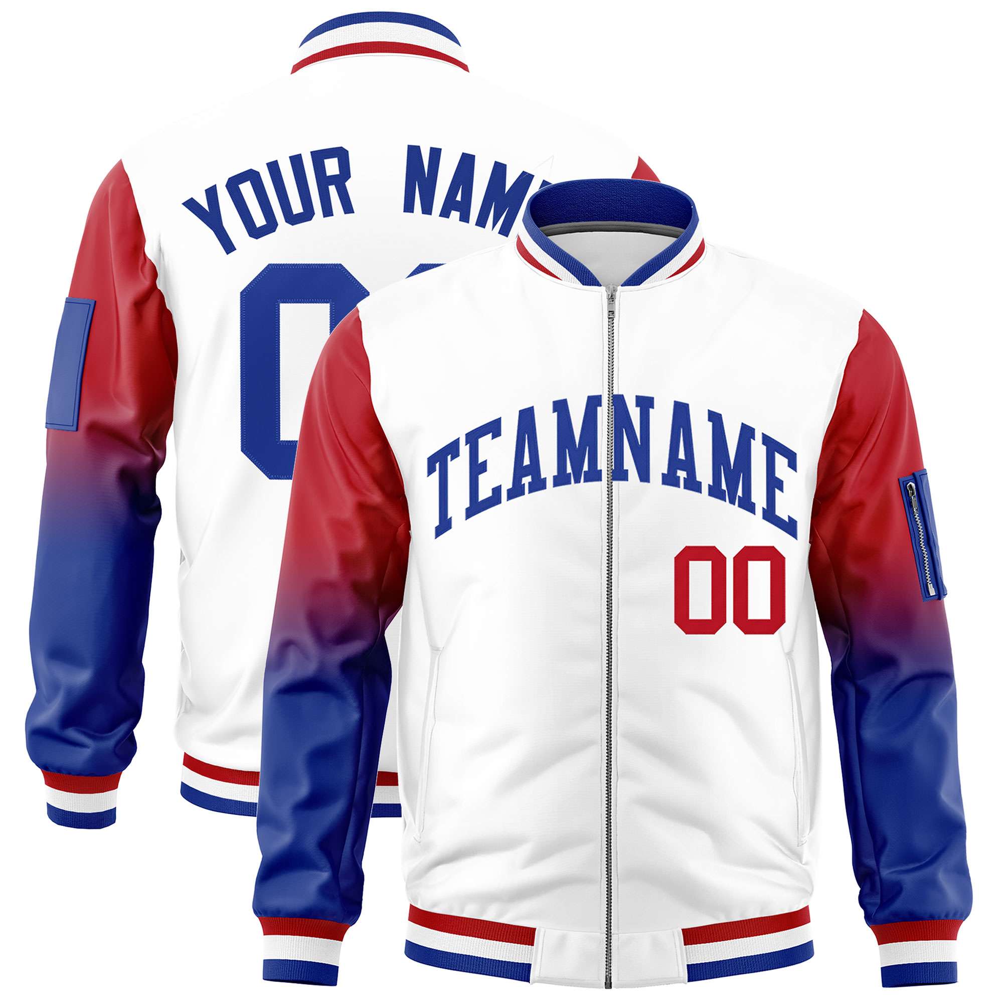 Custom White Red-Royal Gaglan Sleeve Gradient Varsity Full-Zip Letterman Bomber Jacket