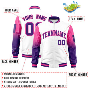 Custom White Pink-Purple Gaglan Sleeve Gradient Varsity Full-Zip Letterman Bomber Jacket