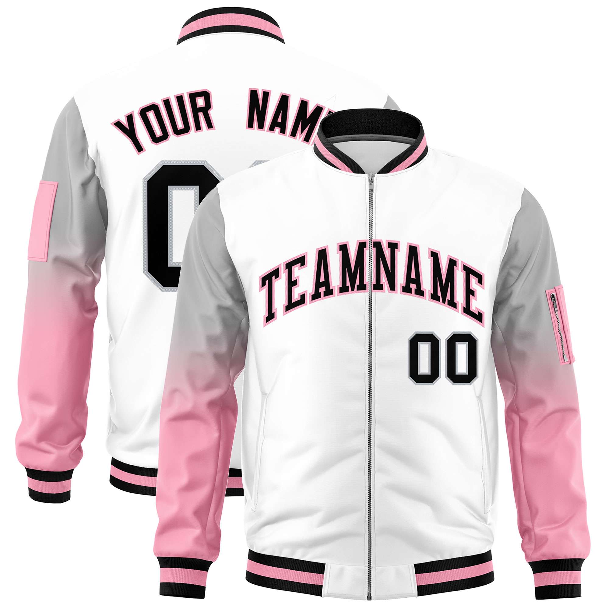 Custom White Silver-Light Pink Gaglan Sleeve Gradient Varsity Full-Zip Letterman Bomber Jacket