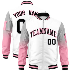 Custom White Silver-Light Pink Gaglan Sleeve Gradient Varsity Full-Zip Letterman Bomber Jacket