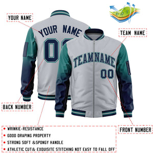 Custom Silver Aqua-Navy Gaglan Sleeve Gradient Varsity Full-Zip Letterman Bomber Jacket