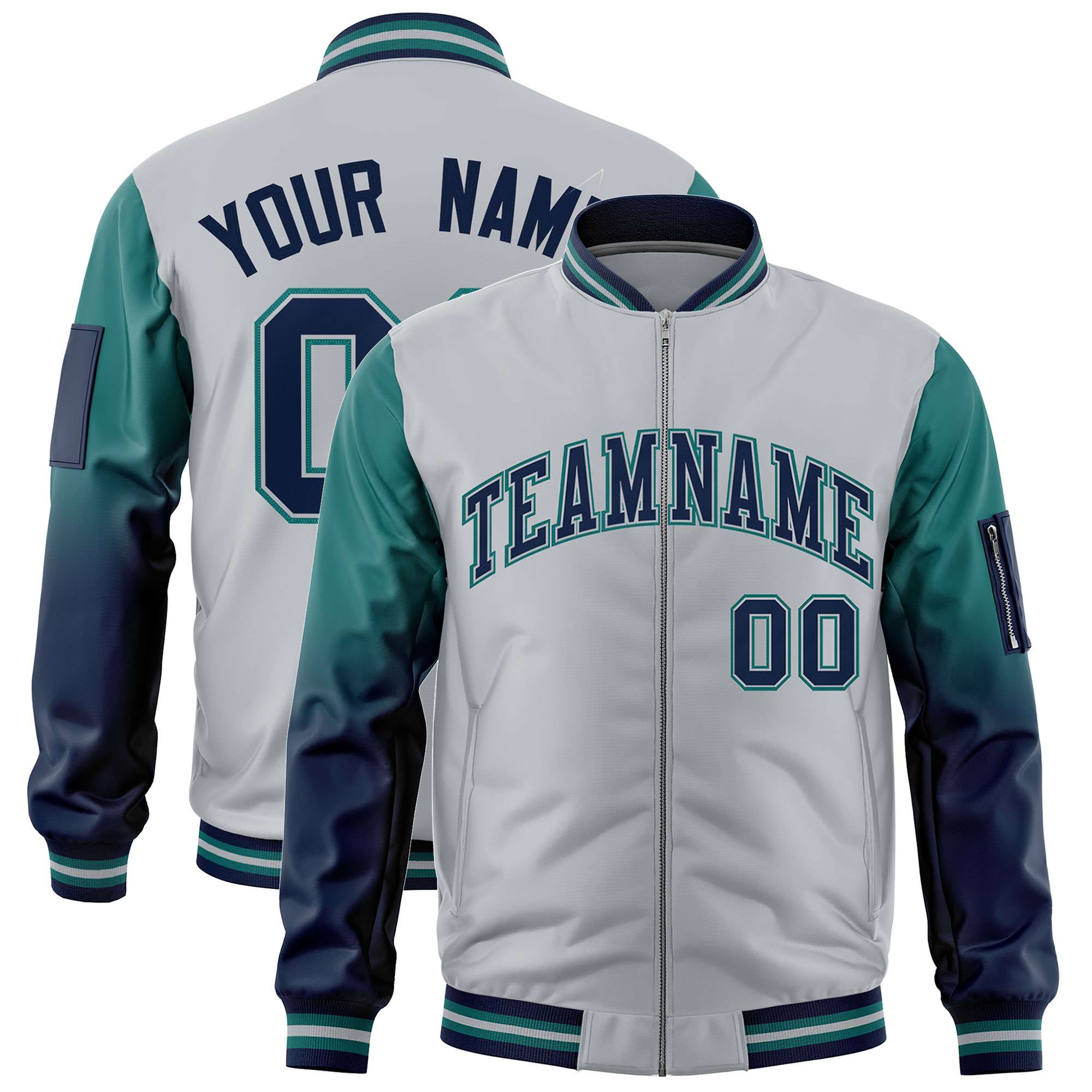 Custom Silver Aqua-Navy Gaglan Sleeve Gradient Varsity Full-Zip Letterman Bomber Jacket