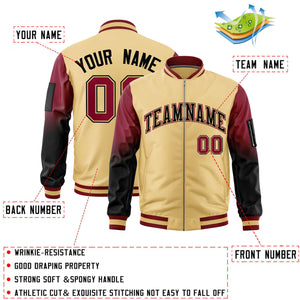 Custom Khaki Crimson-Black Gaglan Sleeve Gradient Varsity Full-Zip Letterman Bomber Jacket