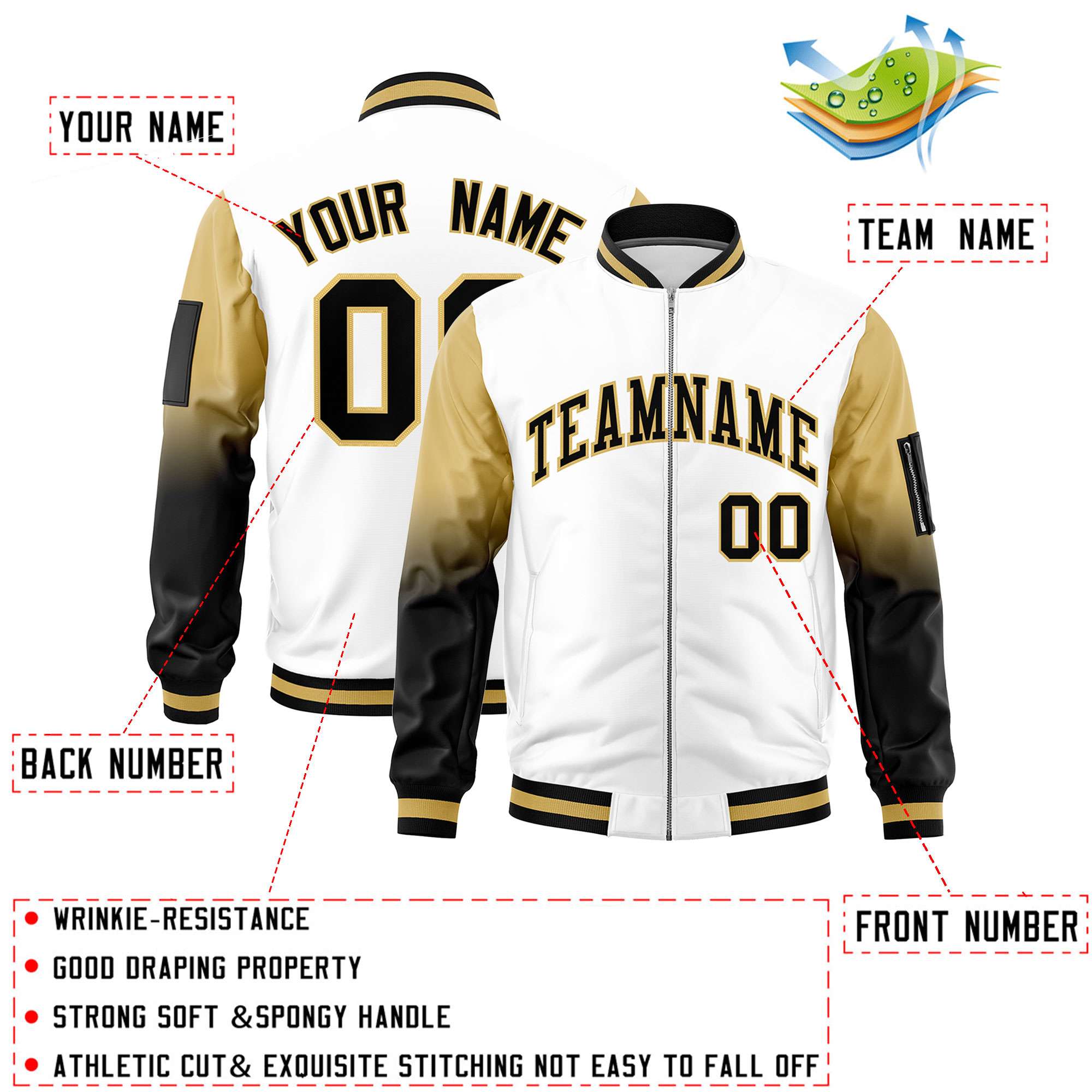 Custom White Old Gold-Black Gaglan Sleeve Gradient Varsity Full-Zip Letterman Bomber Jacket