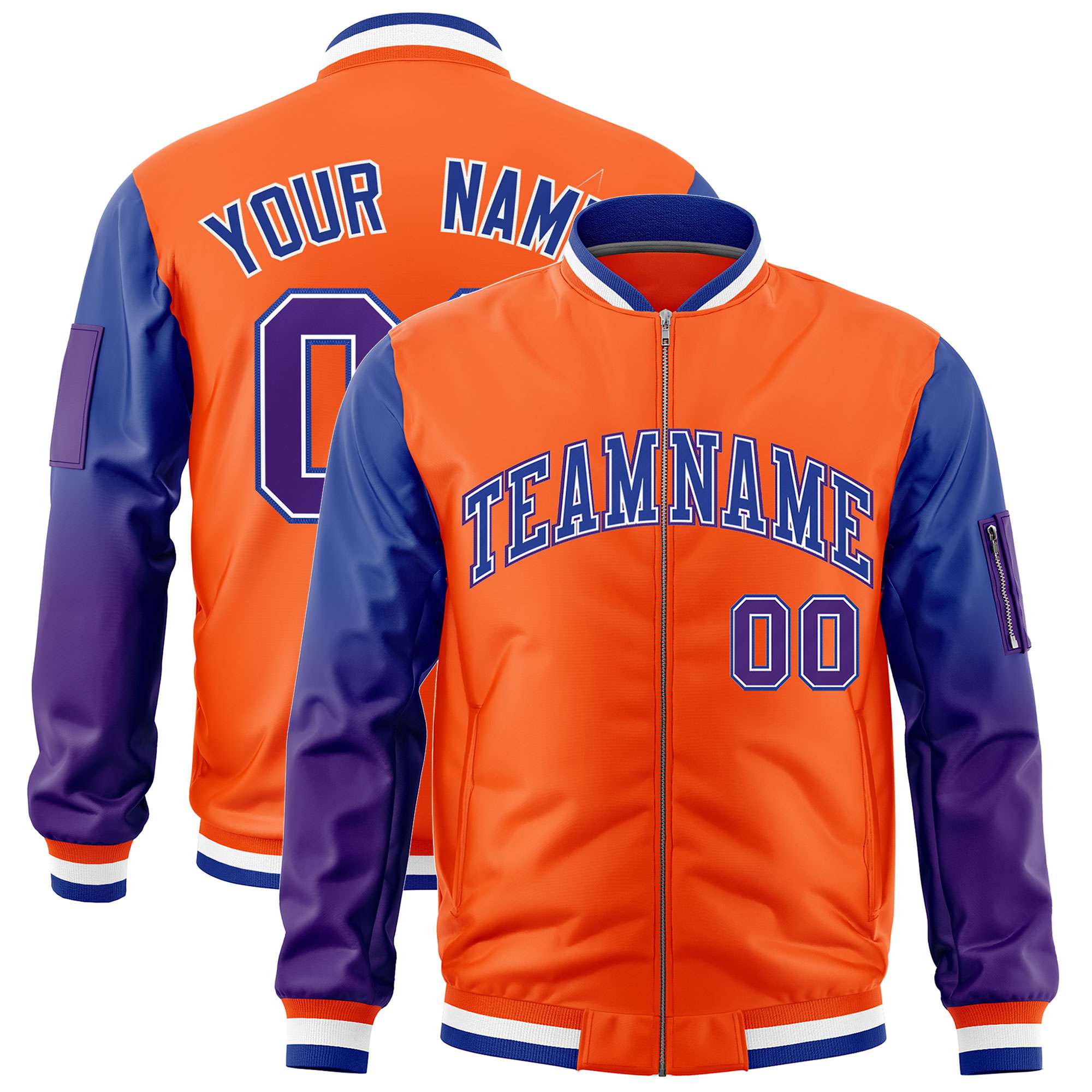 Custom Orange Royal-Purple Gaglan Sleeve Gradient Varsity Full-Zip Letterman Bomber Jacket