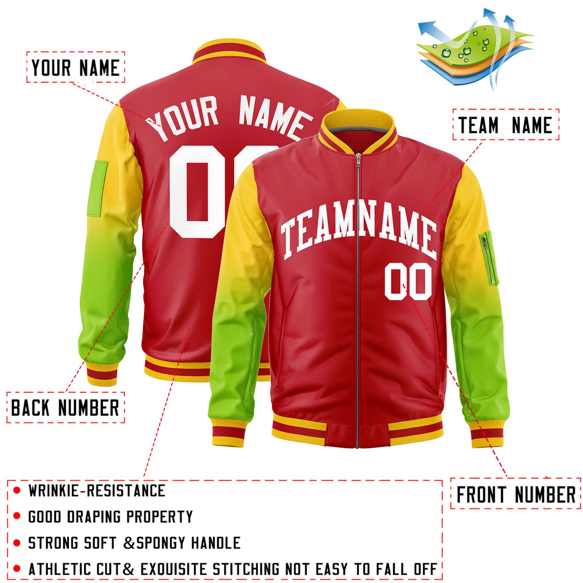 Custom Red Gold-Neon Green Gaglan Sleeve Gradient Varsity Full-Zip Letterman Bomber Jacket