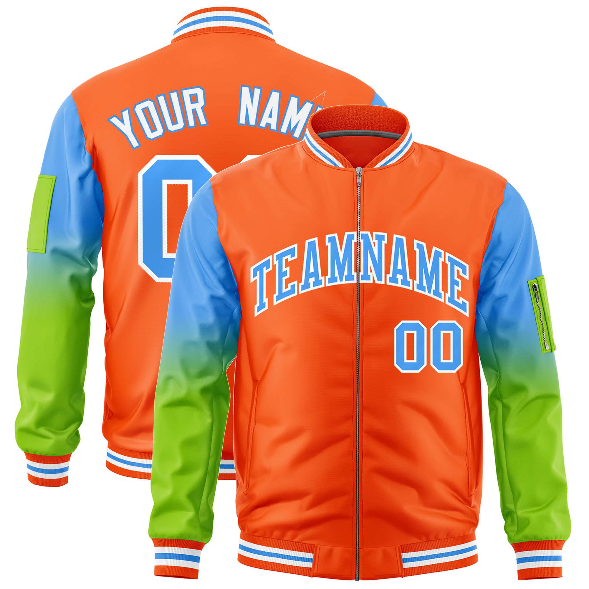 Custom Orange Powder Blue-Neon Green Gaglan Sleeve Gradient Varsity Full-Zip Letterman Bomber Jacket