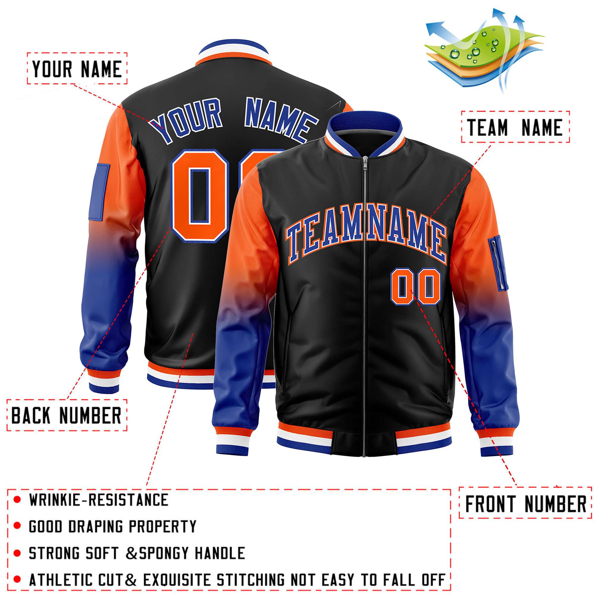 Custom Black Orange-Royal Gaglan Sleeve Gradient Varsity Full-Zip Letterman Bomber Jacket