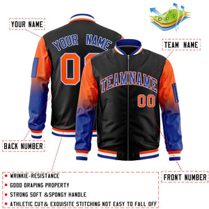 Custom Black Orange-Royal Gaglan Sleeve Gradient Varsity Full-Zip Letterman Bomber Jacket