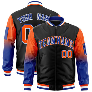 Custom Black Orange-Royal Gaglan Sleeve Gradient Varsity Full-Zip Letterman Bomber Jacket