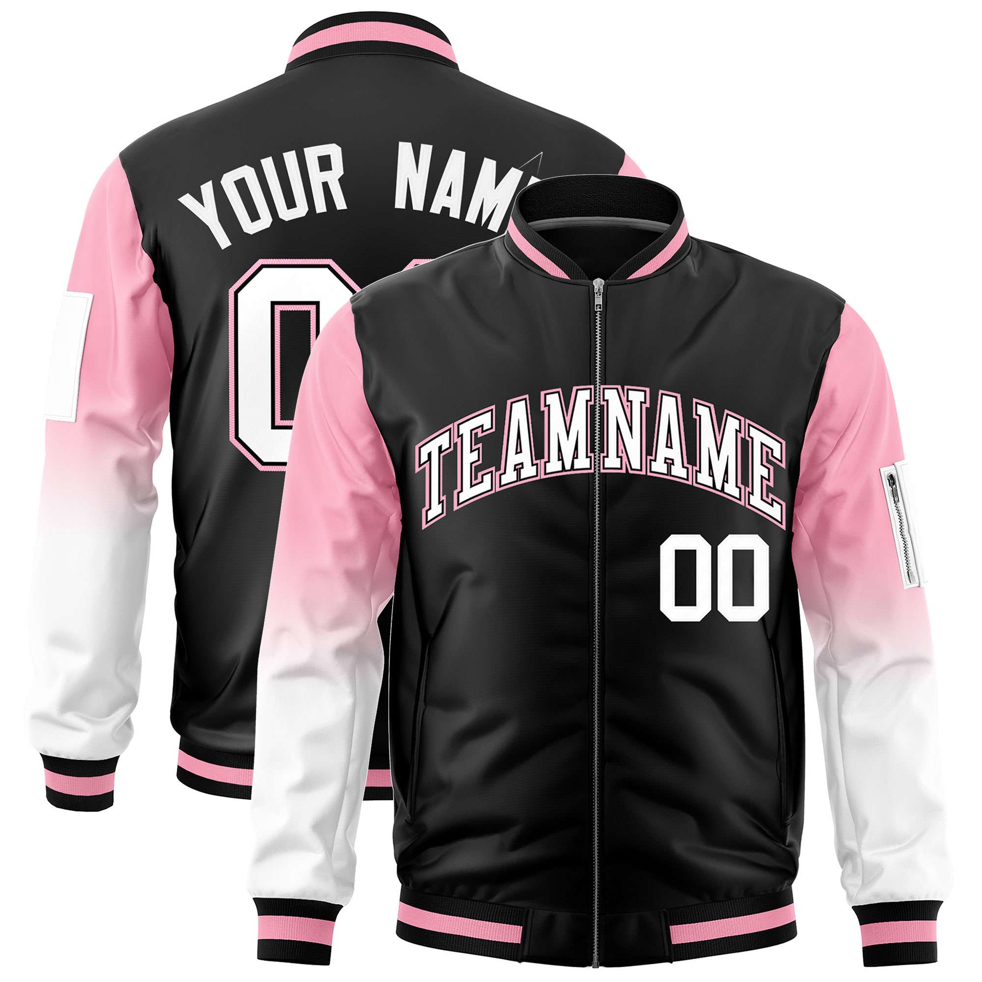 Custom Black Light Pink-White Gaglan Sleeve Gradient Varsity Full-Zip Letterman Bomber Jacket