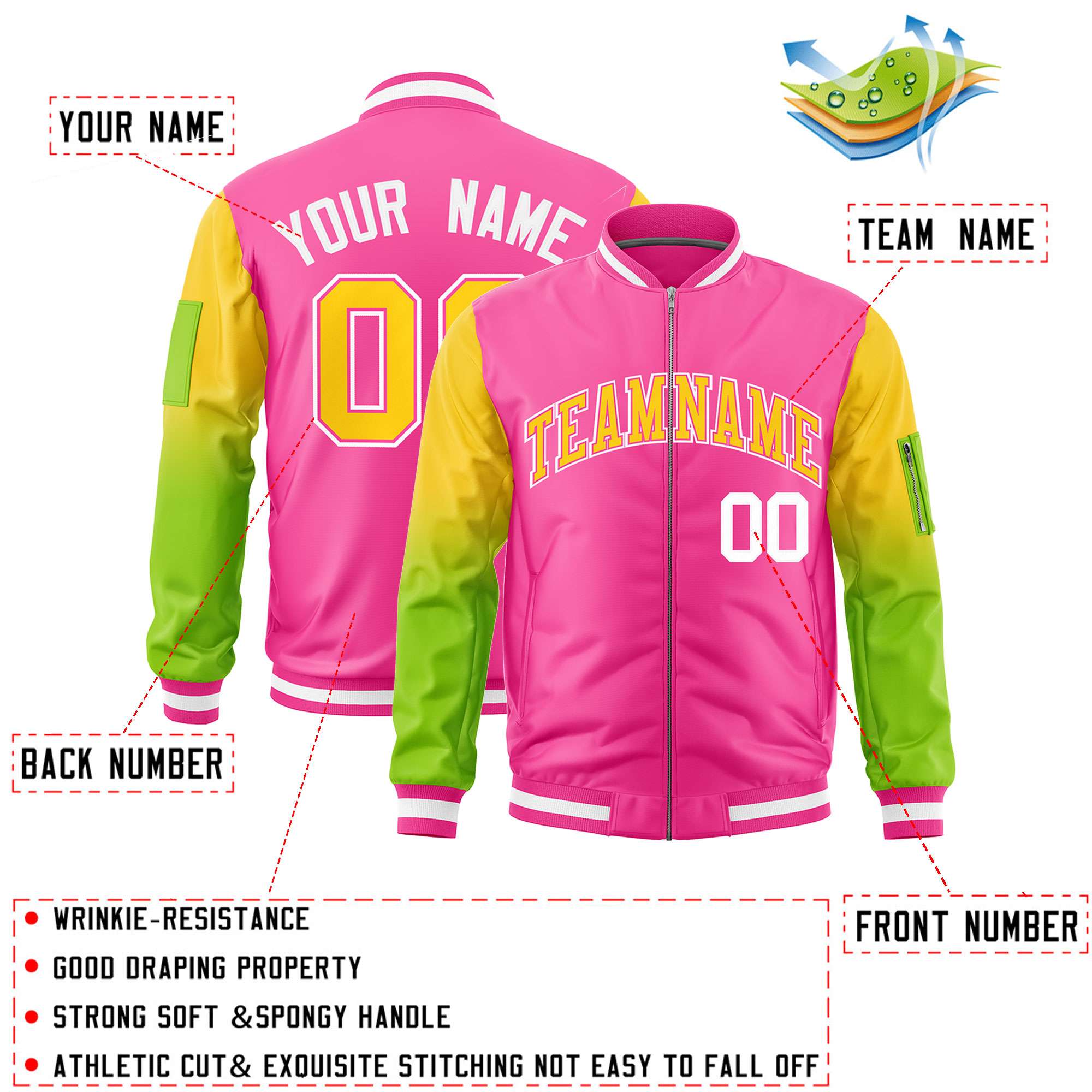 Custom Pink Gold-Neon Green Gaglan Sleeve Gradient Varsity Full-Zip Letterman Bomber Jacket