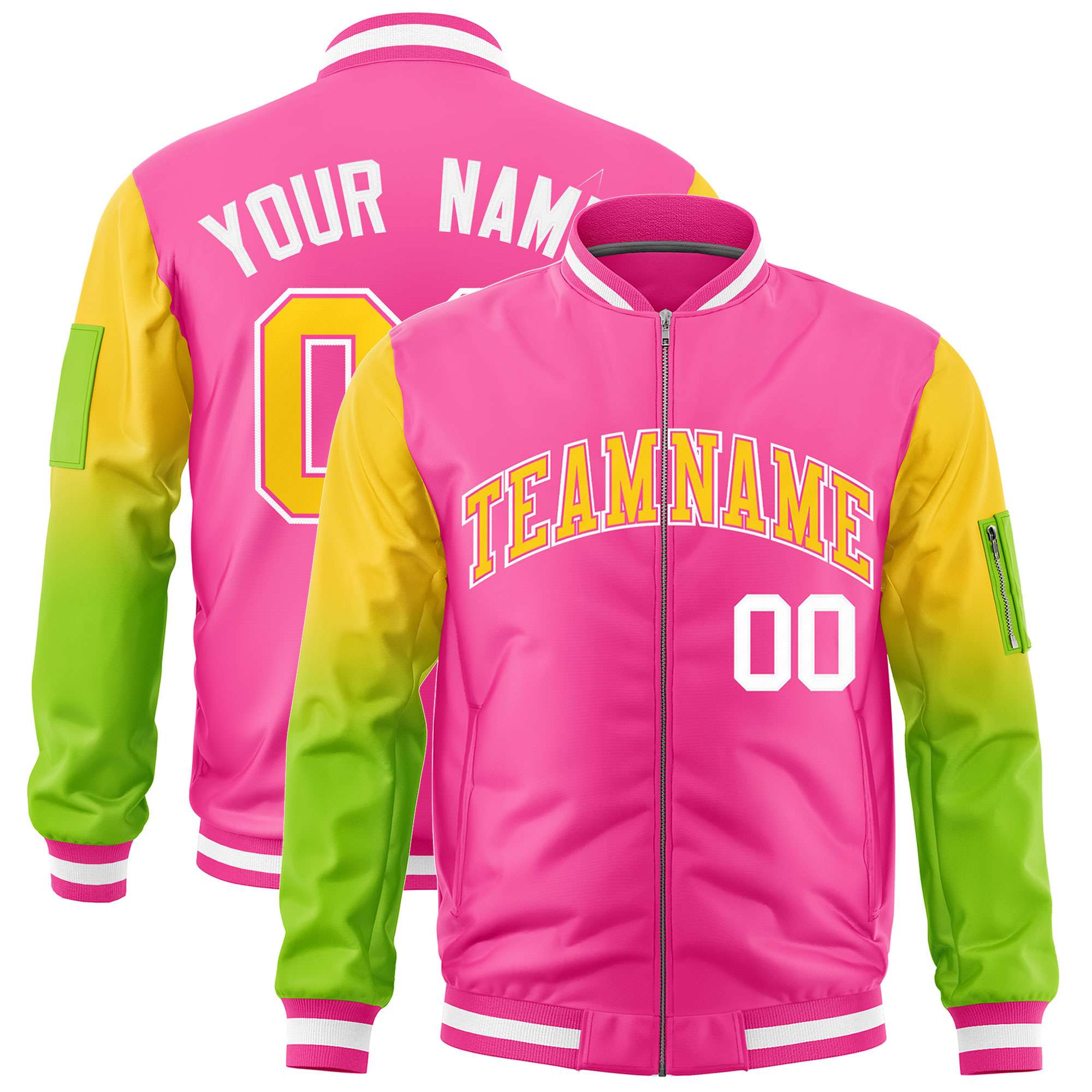 Custom Pink Gold-Neon Green Gaglan Sleeve Gradient Varsity Full-Zip Letterman Bomber Jacket