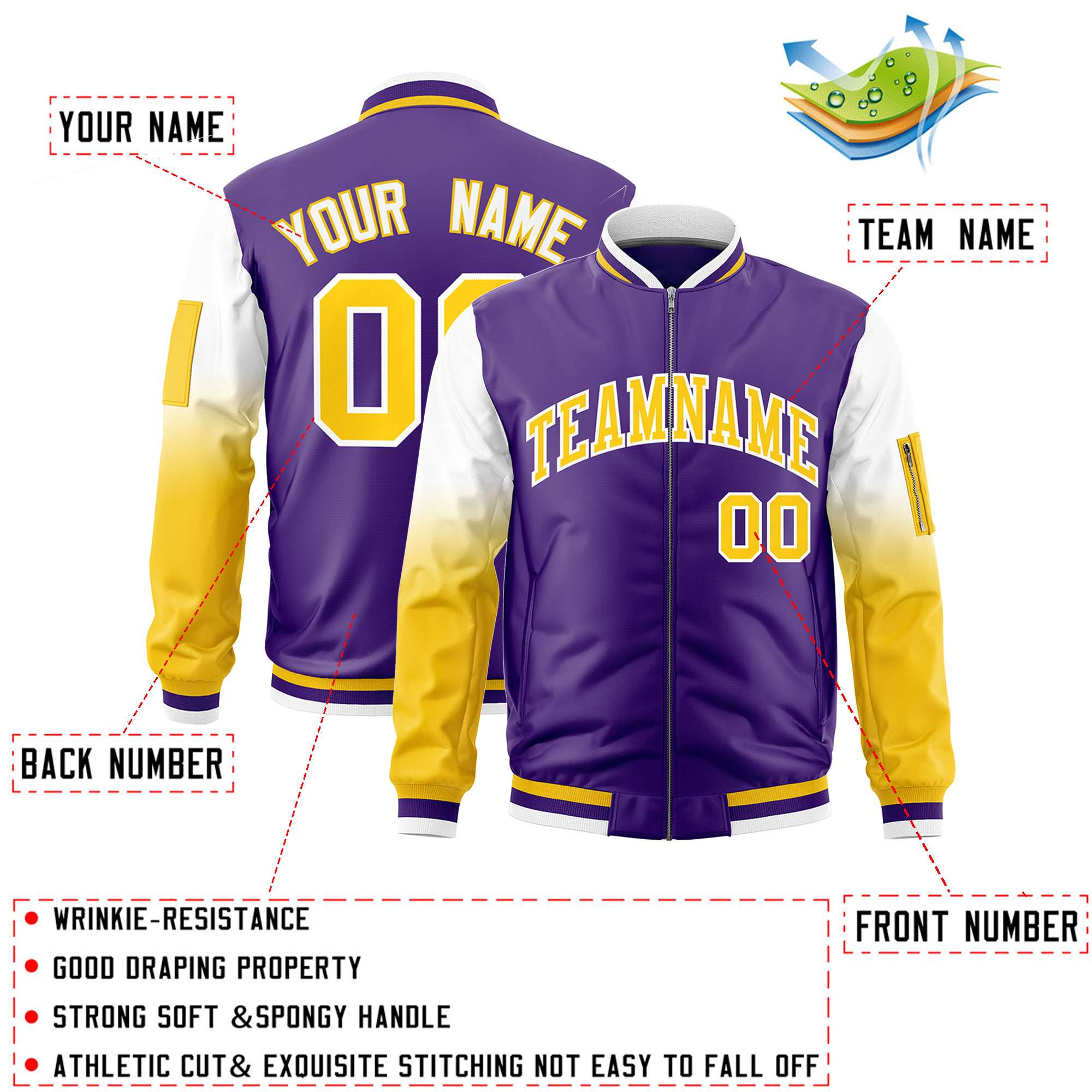 Custom Purple White-Gold Gaglan Sleeve Gradient Varsity Full-Zip Letterman Bomber Jacket