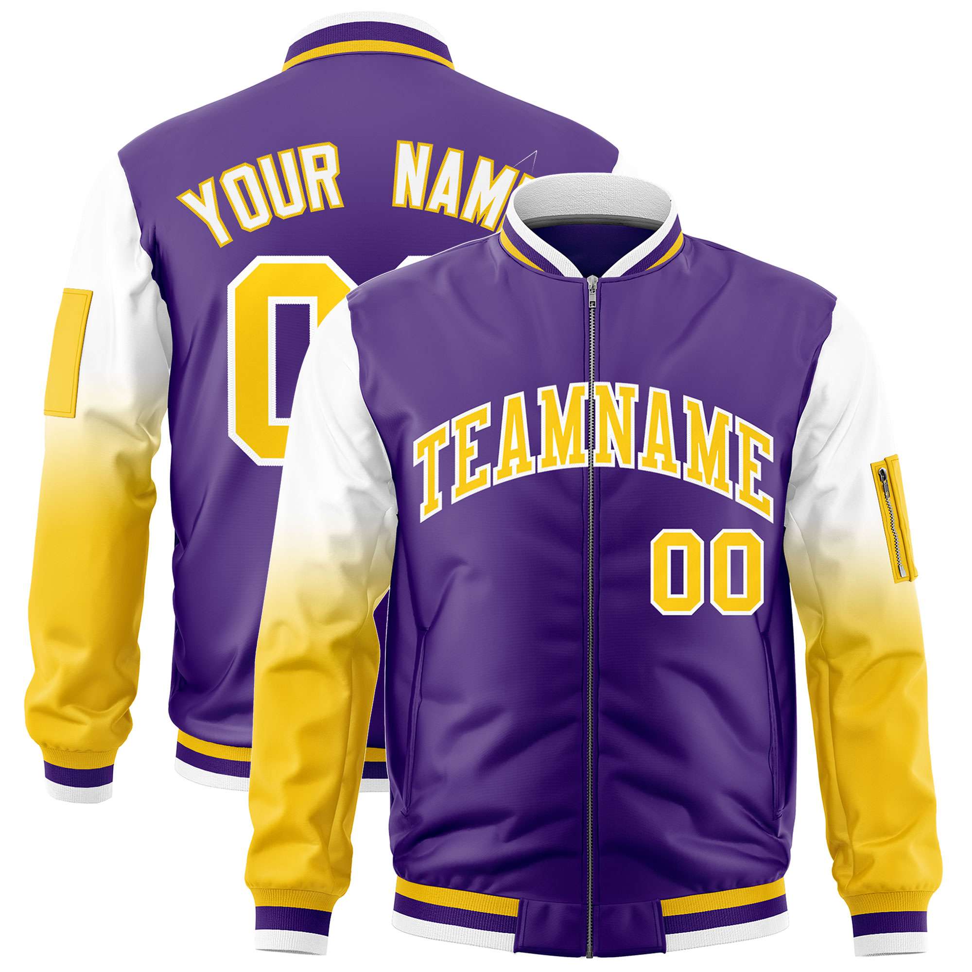 Custom Purple White-Gold Gaglan Sleeve Gradient Varsity Full-Zip Letterman Bomber Jacket