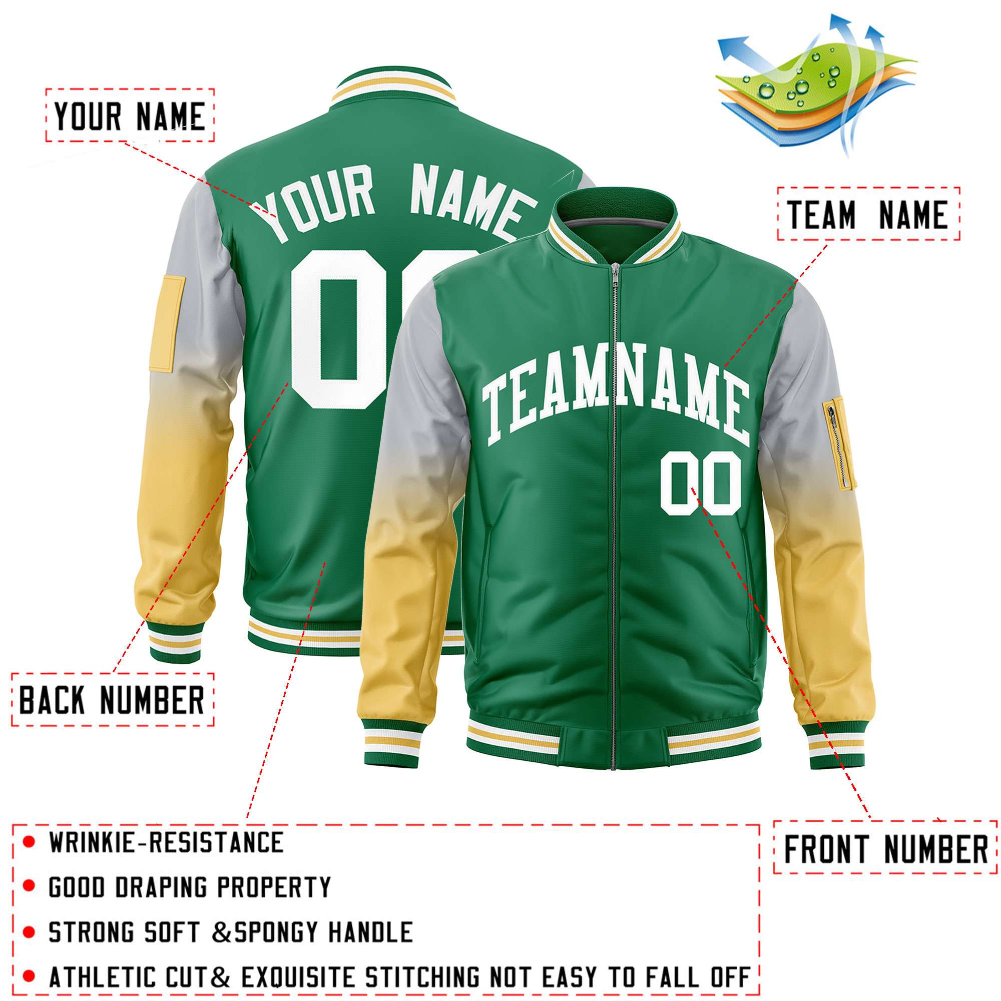 Custom Kelly Green Silver-Old Gold Gaglan Sleeve Gradient Varsity Full-Zip Letterman Bomber Jacket