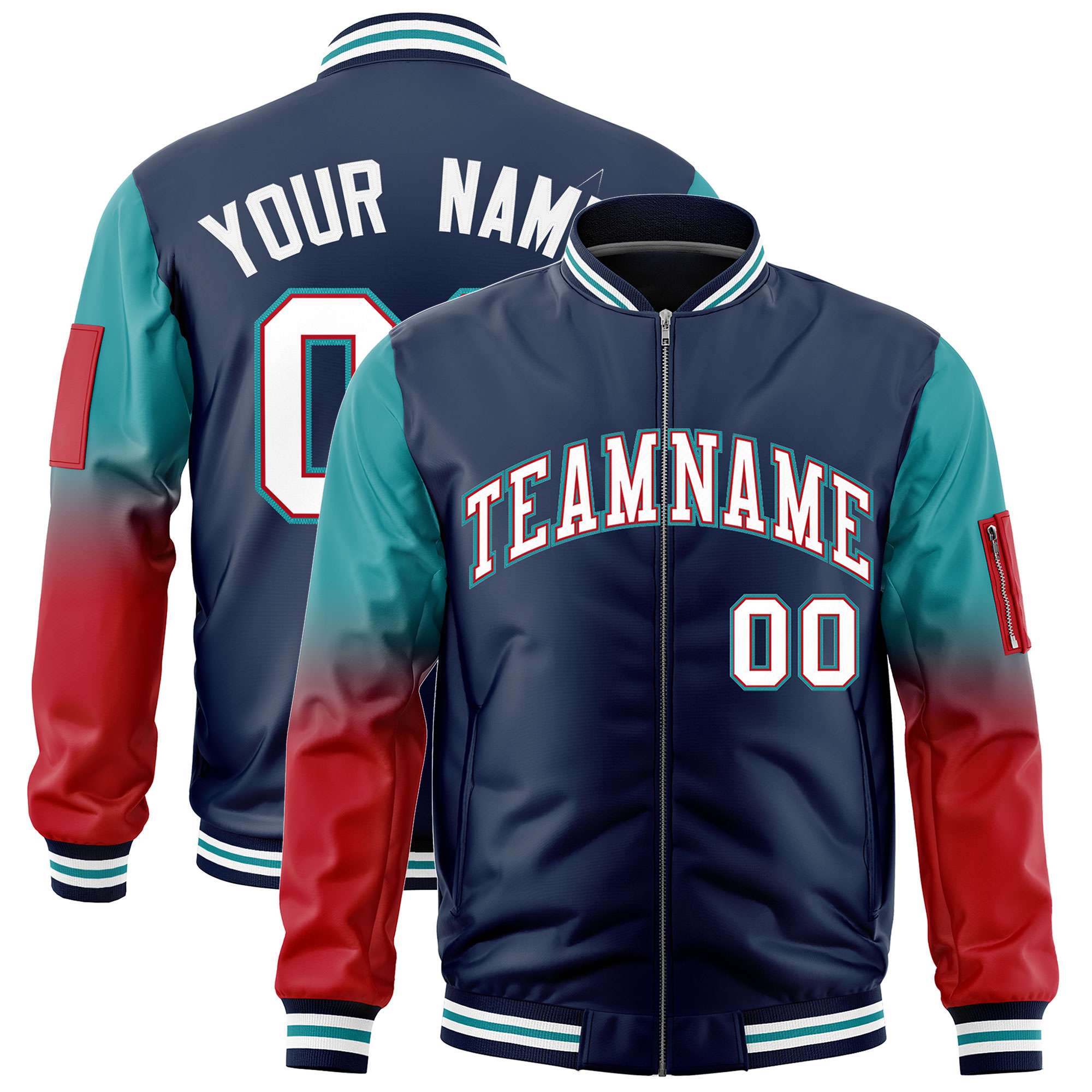 Custom Navy Aqua-Red Gaglan Sleeve Gradient Varsity Full-Zip Letterman Bomber Jacket