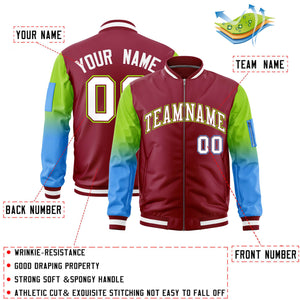 Custom Crimson Neon Green-Powder Blue Gaglan Sleeve Gradient Varsity Full-Zip Letterman Bomber Jacket