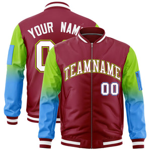 Custom Crimson Neon Green-Powder Blue Gaglan Sleeve Gradient Varsity Full-Zip Letterman Bomber Jacket