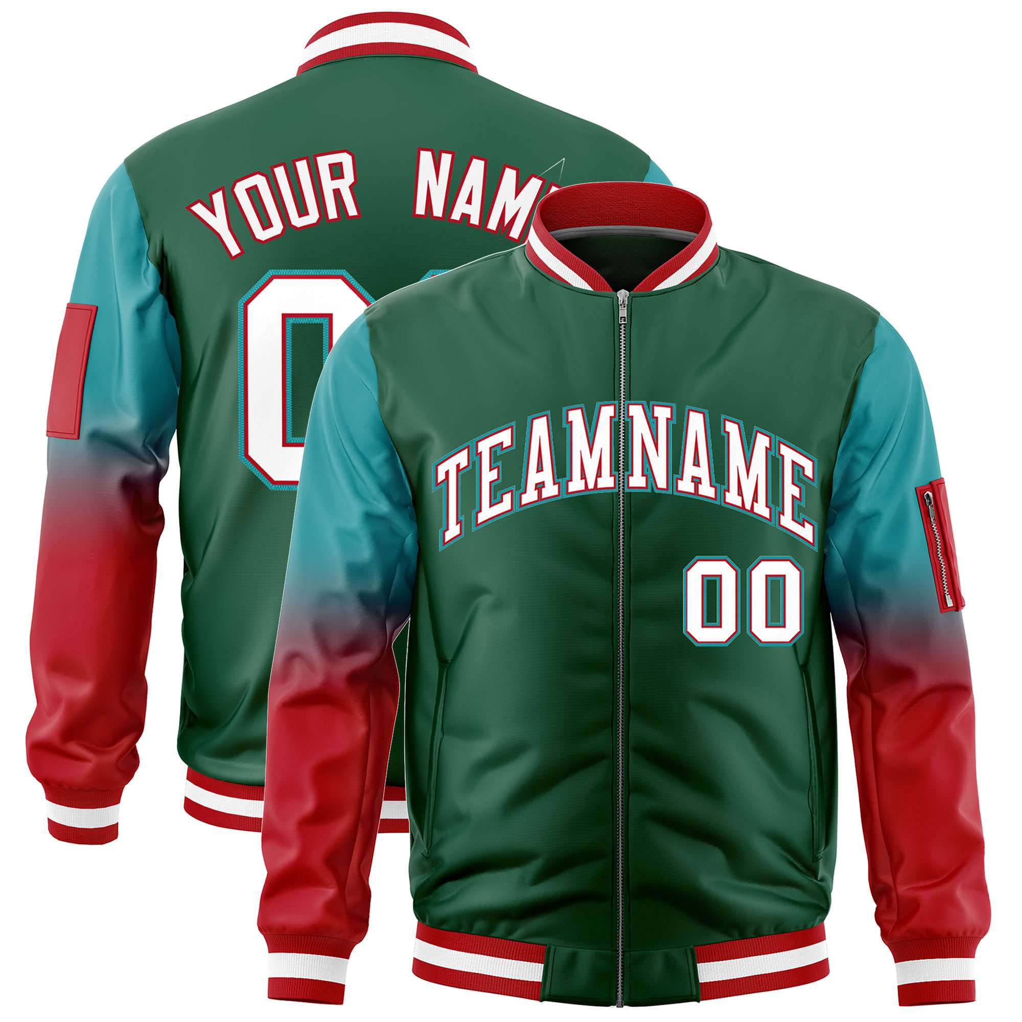 Custom Green Aqua-Red Gaglan Sleeve Gradient Varsity Full-Zip Letterman Bomber Jacket