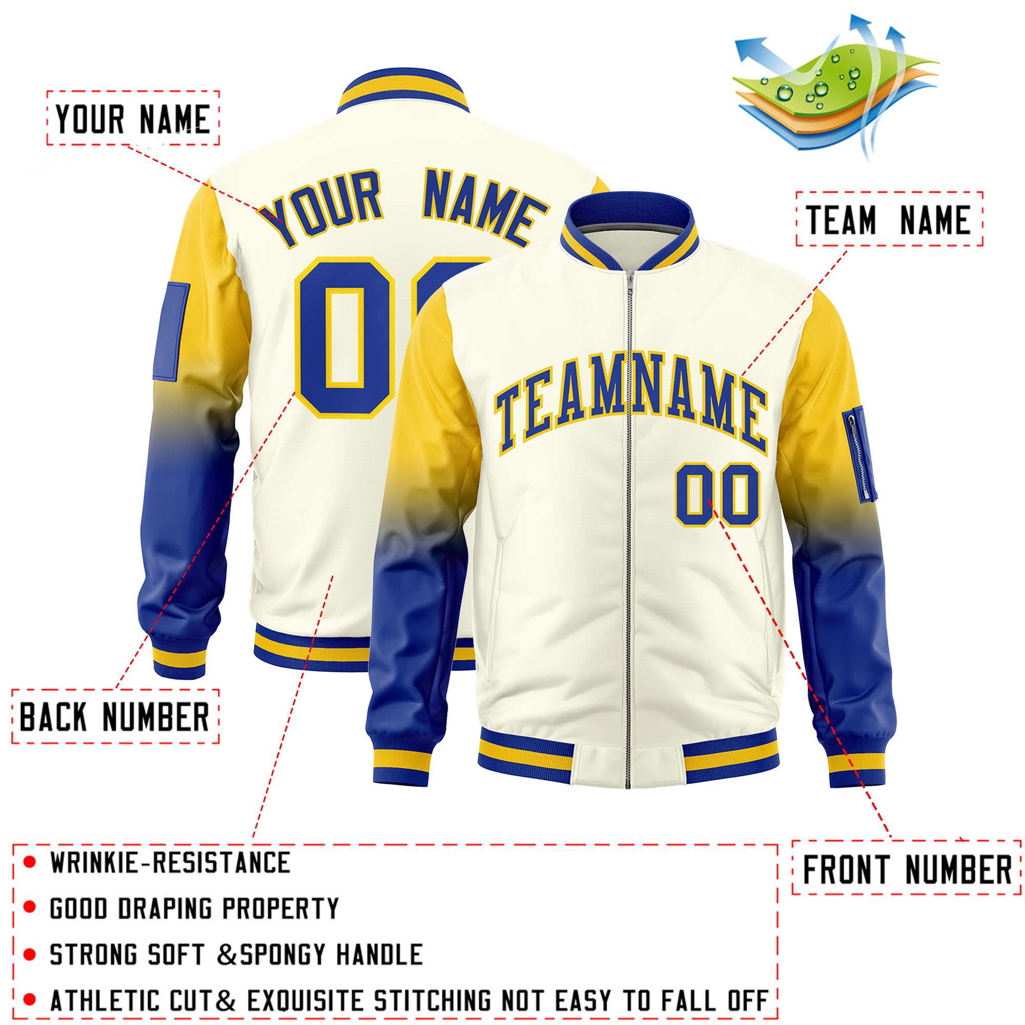 Custom Cream Gold-Royal Gaglan Sleeve Gradient Varsity Full-Zip Letterman Bomber Jacket