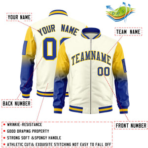 Custom Cream Gold-Royal Gaglan Sleeve Gradient Varsity Full-Zip Letterman Bomber Jacket