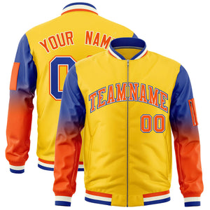 Custom Gold Royal-Orange Gaglan Sleeve Gradient Varsity Full-Zip Letterman Bomber Jacket