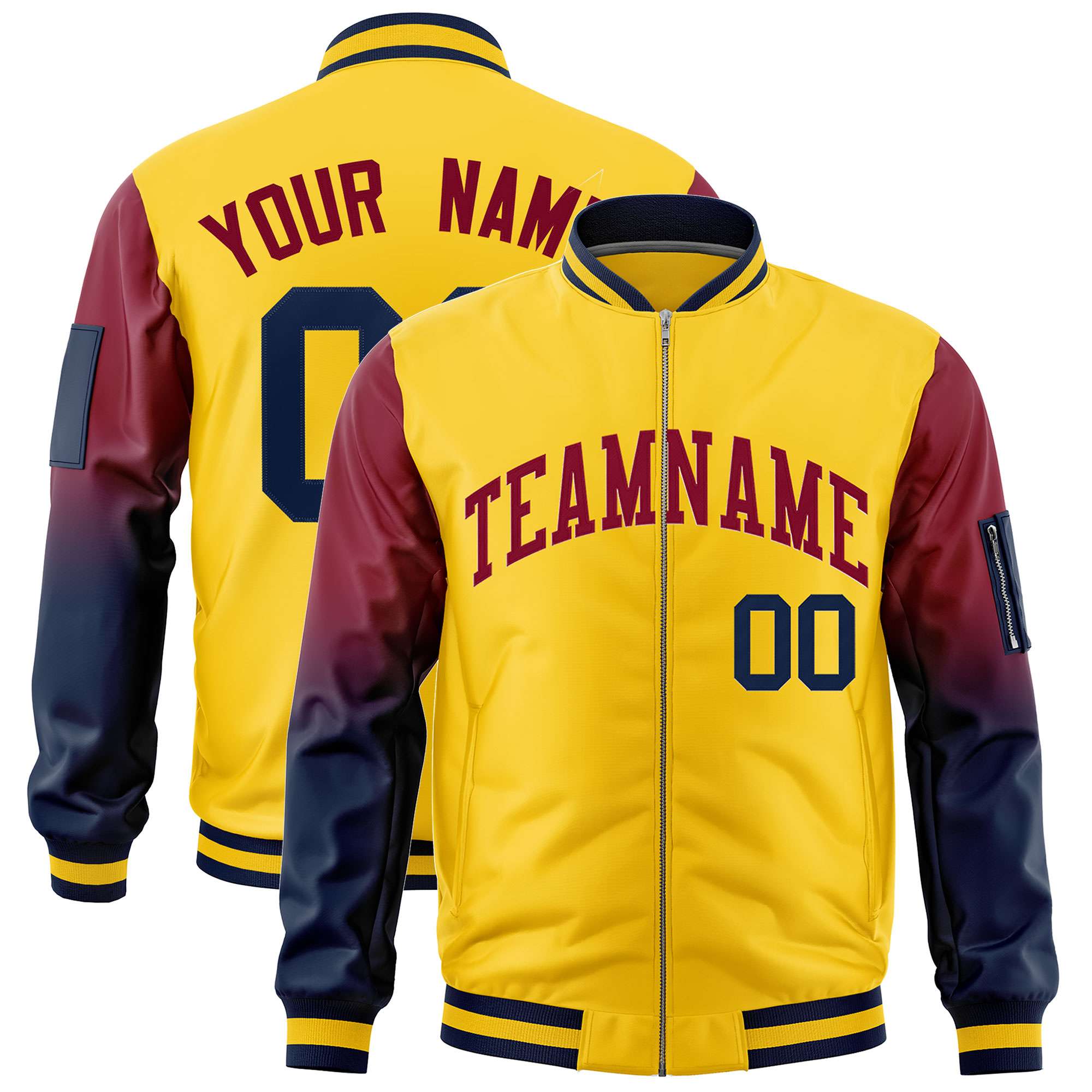 Custom Gold Crimson-Navy Gaglan Sleeve Gradient Varsity Full-Zip Letterman Bomber Jacket