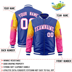 Custom Royal Gold-Pink Gaglan Sleeve Gradient Varsity Full-Zip Letterman Bomber Jacket