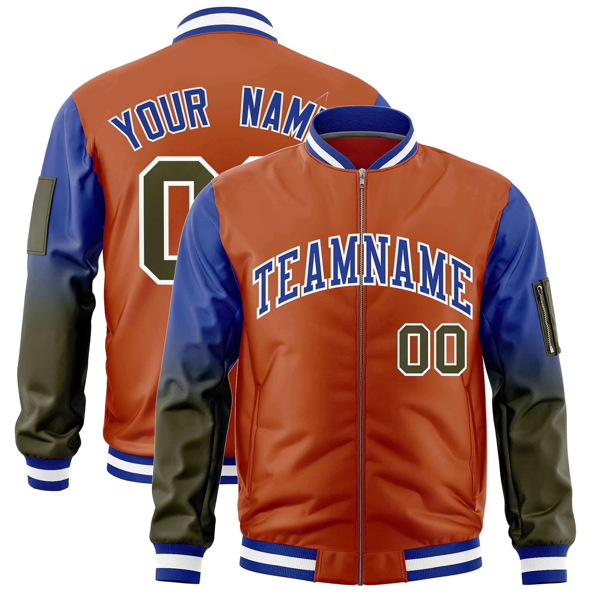 Custom Texas Orange Royal-Olive Gaglan Sleeve Gradient Varsity Full-Zip Letterman Bomber Jacket