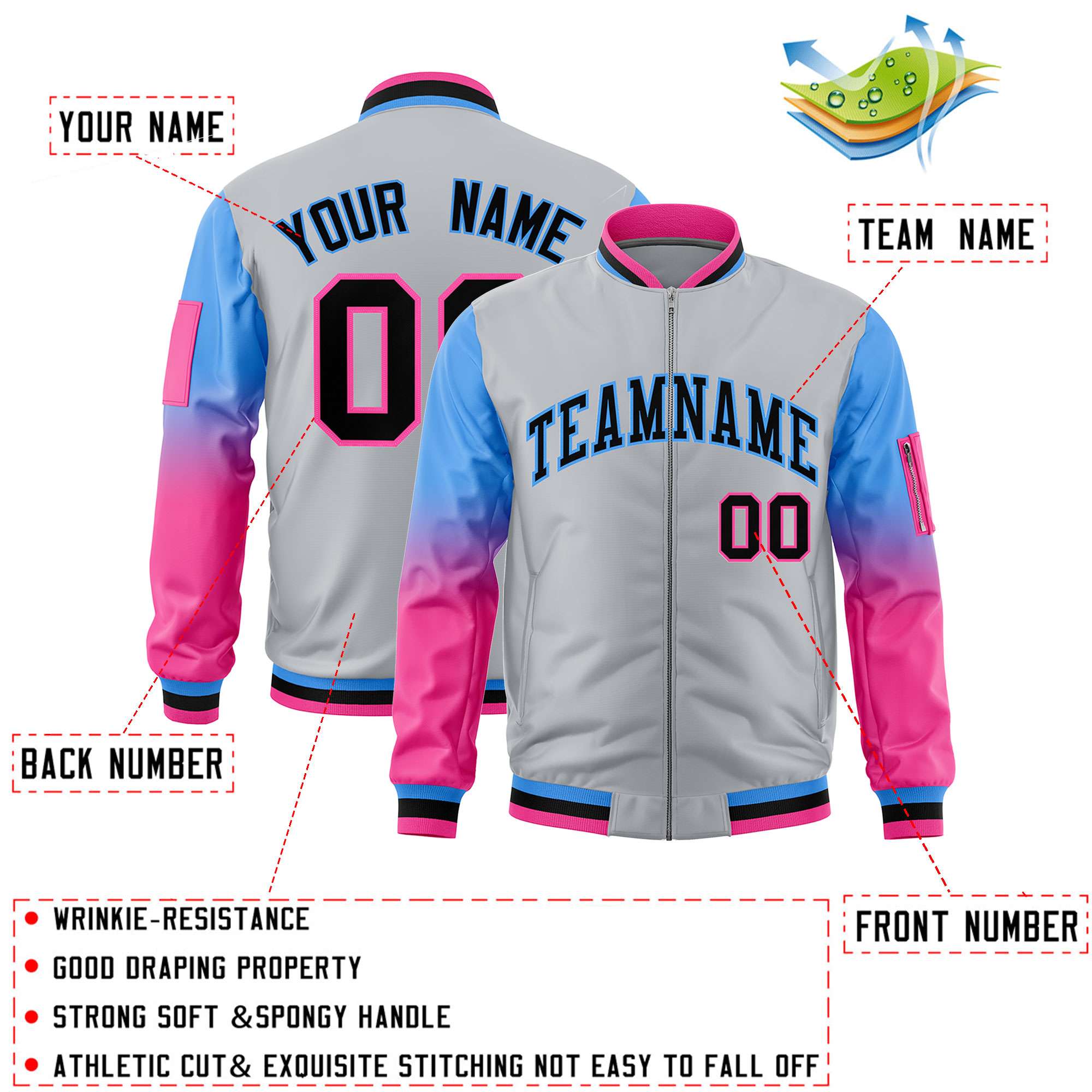 Custom Silver Powder Blue-Pink Gaglan Sleeve Gradient Varsity Full-Zip Letterman Bomber Jacket