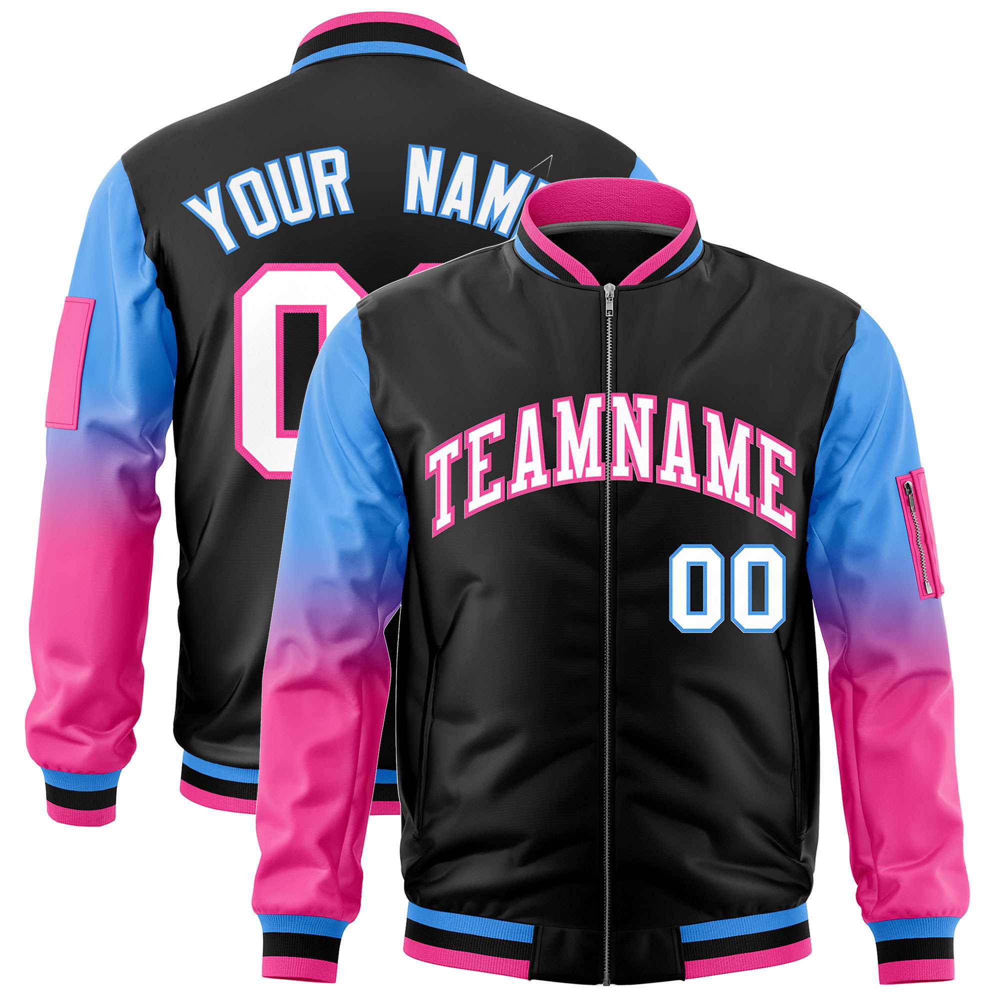 Custom Black Powder Blue-Pink Gaglan Sleeve Gradient Varsity Full-Zip Letterman Bomber Jacket