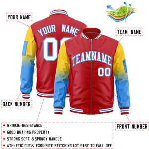 Custom Red Gold-Powder Blue Gaglan Sleeve Gradient Varsity Full-Zip Letterman Bomber Jacket