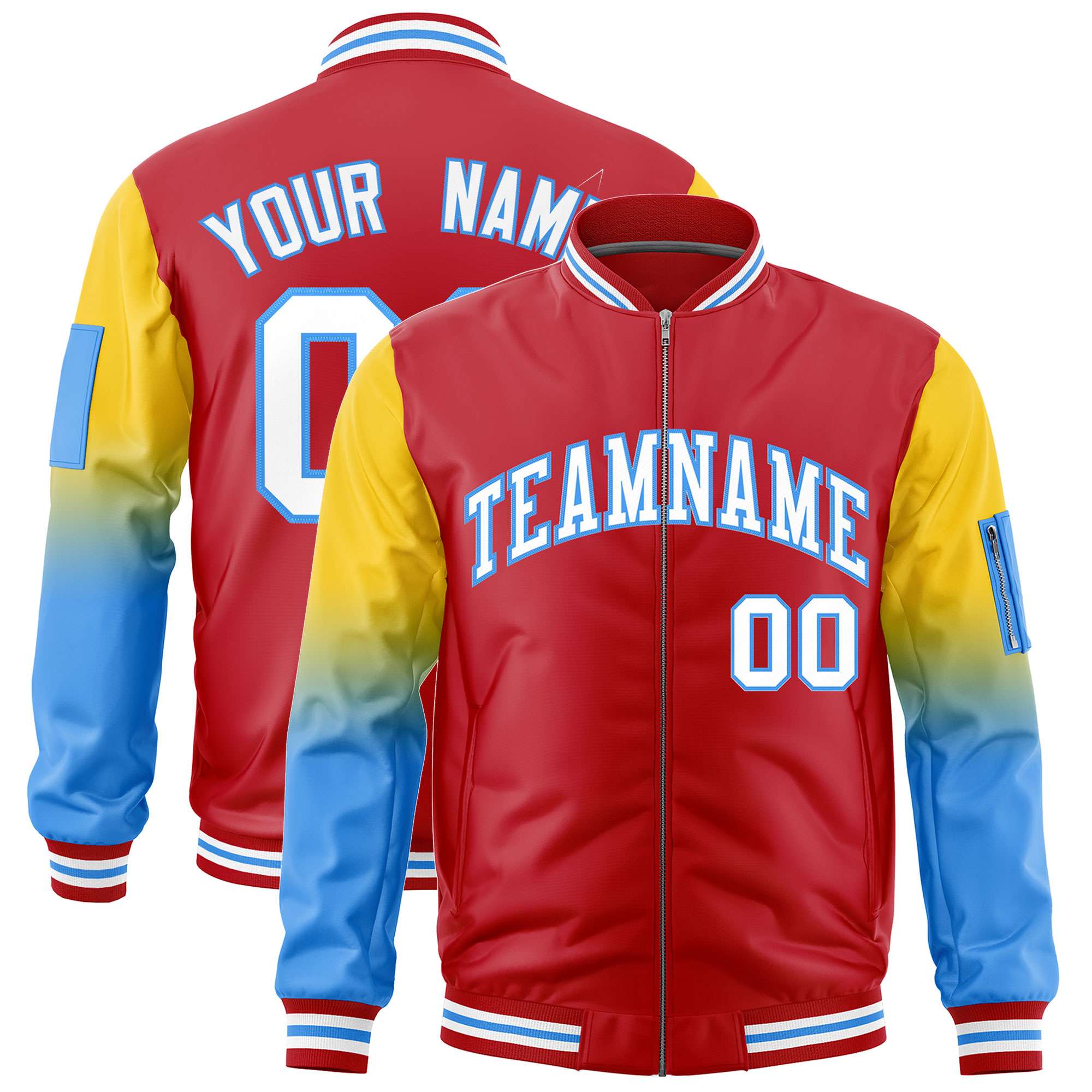 Custom Red Gold-Powder Blue Gaglan Sleeve Gradient Varsity Full-Zip Letterman Bomber Jacket