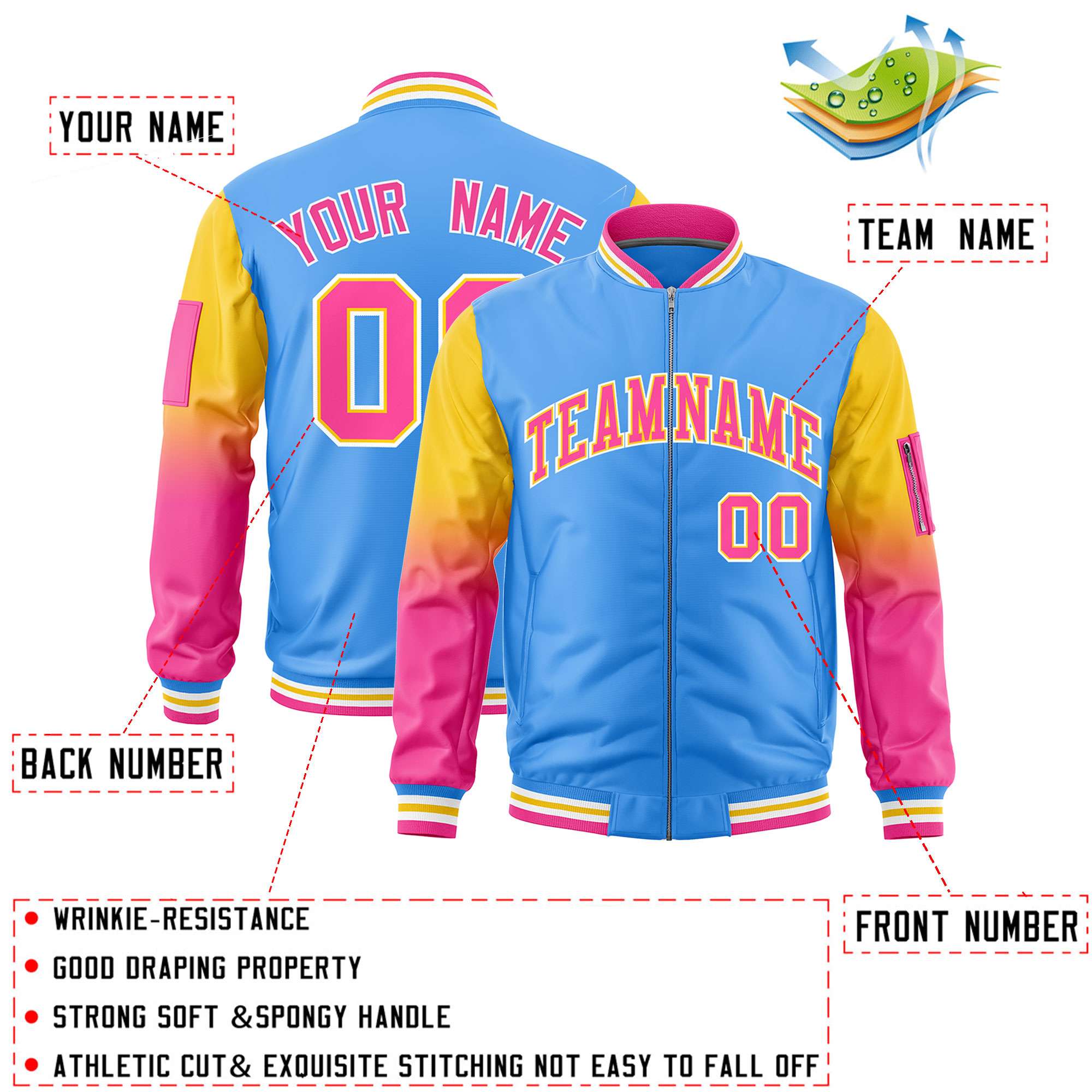 Custom Powder Blue Gold-Pink Gaglan Sleeve Gradient Varsity Full-Zip Letterman Bomber Jacket