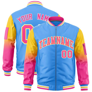 Custom Powder Blue Gold-Pink Gaglan Sleeve Gradient Varsity Full-Zip Letterman Bomber Jacket