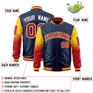 Custom Navy Gold-Red Gaglan Sleeve Gradient Varsity Full-Zip Letterman Bomber Jacket