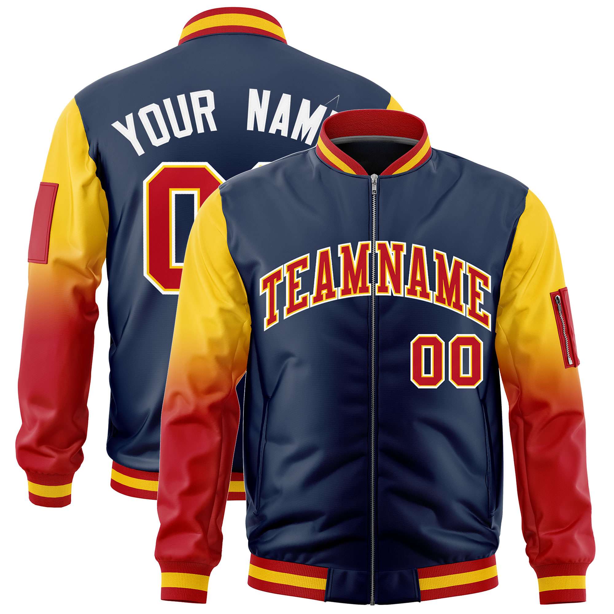 Custom Navy Gold-Red Gaglan Sleeve Gradient Varsity Full-Zip Letterman Bomber Jacket